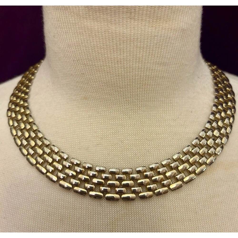 Gold Tone Vintage Style Necklace 18" Interlocking Brick Link Chain 5 Rows Choker